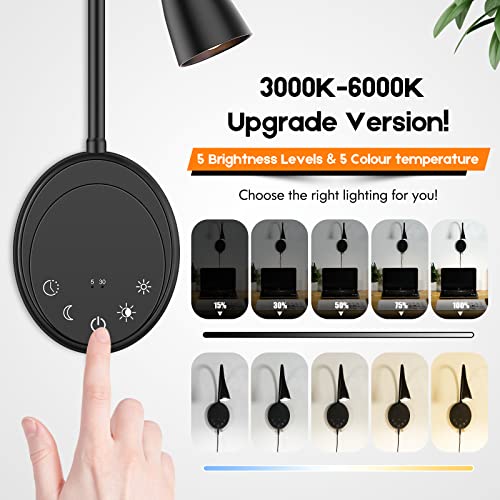 SANKEDOU Wall Mounted Reading Light, Bedside Headboard Lights with 5 Dimming & Color Temperature, USB Output, Night Light & Timers Function, Flexible Gooseneck 3000K-6000K Upgrade Bed Lamp (Black) - color: Black