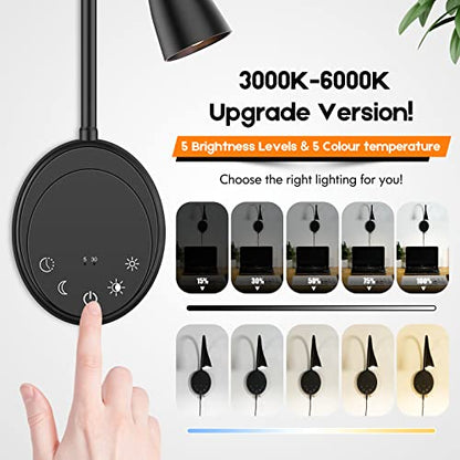 SANKEDOU Wall Mounted Reading Light, Bedside Headboard Lights with 5 Dimming & Color Temperature, USB Output, Night Light & Timers Function, Flexible Gooseneck 3000K-6000K Upgrade Bed Lamp (Black) - color: Black