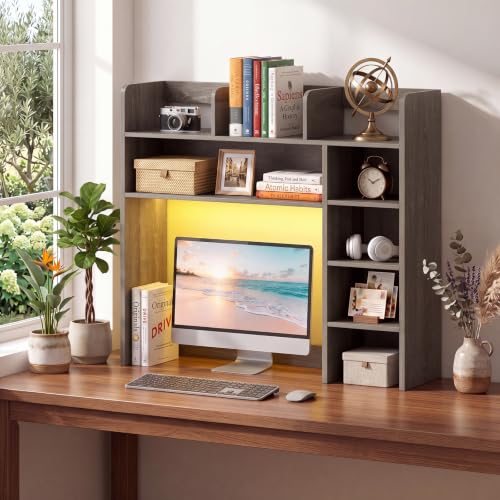 LDAILY Desktop Bookshelf with LED Lights, 35.5’’ Wooden Desk Shelf with 8 Cubes & 3 Adjustable Storage Shelves, 5-Tier Desk Hutch for Dorm College Office Computer Monitor Up to 25’’(Grey Oak) - color: Grey Oak, size: 8 Shelves