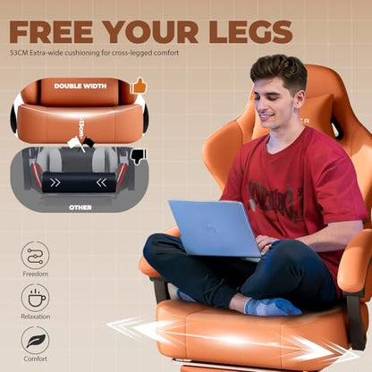 GTPLAYER Big and Tall Gaming Chair 400lbs Heavy Duty Office Chair with Footrest, High Back Pocket Spring Ergonomic Computer Chair for Adults, Wide Seated Cushion with Linkage Armrests,Leather Orange - color: Dark Orange