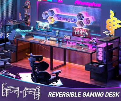 Aheaplus Gaming Desk with LED Strip & Power Outlet, 59Inch Reversible Computer Desk with Monitor Stand & Storage Shelves, Home Office Desks with Fabric File Drawer, Gamer Table PC Desk, Black Oak - color: Black Oak