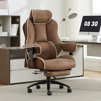 DJ·Wang Big and Tall Office Chair with Foot Rest, High Back Executive Office Chair PU Leather, Ergonomic Chairs with Lumbar Support, 135° Reclining Chairs with Thickened Spring Cushion Brown - color: Pu Brown