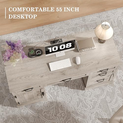 Alohappy 55'' Farmhouse Executive Desk, Home Office Desk with Drawers, Wood Computert Desk with File Cabinet and Power Outlets, Light Wash Gray - color: Light Wash Gray, size: 55''