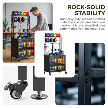 3D Printer Stand with Filament Storage, Heavy Duty 29.5" Printer Table Cart with Cabinet, Dustproof & Moisture-Proof Rolling Stand with 360° Wheels for Workshop, Studio, Office, Black