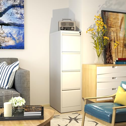 4 Drawer File Cabinet with Lock, 18" D Metal Vertical Filing Cabinets, Steel File Storage Cabinets for Home Office, Hanging A4 Legal/Letter Size Narrow File Cabinet, Assembly Required - color: White, size: 4 Drawers