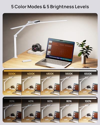 TROND LED Desk Lamp with Clamp, 29.55'' Tall Desk Light with Remote, White | 1500LM Bright Table Lamp, Swing Arm Clip on Light, Eye-Caring, Touch Control Dimmable for Home Office Monitor Reading - color: White