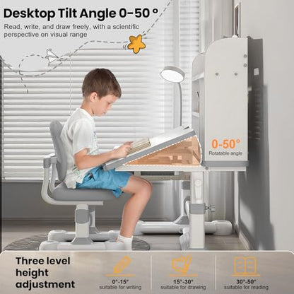 Kid Study Desk and Chair Set 3-12 Height Adjustable Ergonomic Desk | School Art Desk, 50° Tiltable Desktop, Easy-Turn Crank, Storage Drawer & Built-in Bookstand for Children Boys & Girls - color: 013-grey-31.5in