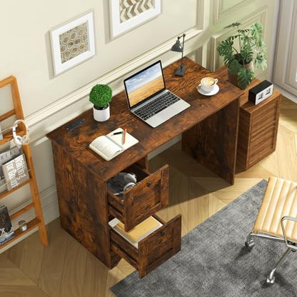 Tangkula Computer Desk with Drawers & Charging Station, Wooden Home Office Desk PC Laptop Notebook Desk, Compact Study Desk Writing Desk, Computer Workstation Ideal for Home & Office (Rustic Brown) - color: Rustic Brown