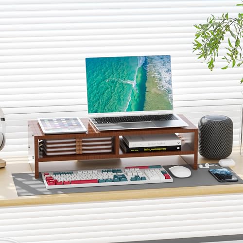 Wood Monitor Stand Riser with Storage Walnut Brown | 2 Tiers, Ergonomic Computer Stand for Laptop/PC/Printer, 16" Compact Wooden Desk Organizer, 50 lbs Weight Capacity