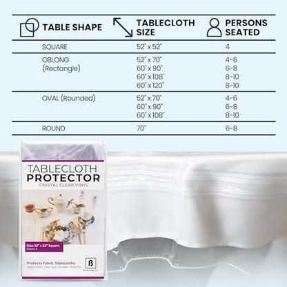 BRODER MFG. INC. Tablecloth Protector Crystal Clear Vinyl (52"x52" Square) | Thick, Durable Clear Table/Tablecloth Protector | Perfect for Parties, Special Occasions, Gatherings, and Everyday Use - size: 52" x 52" (Square)