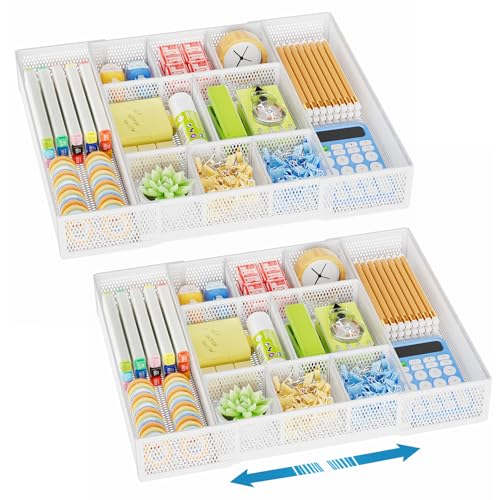 Marbrasse Expandable Desk Drawer Organizer, Mesh Drawer Organizer Tray with 10 Adjustable Compartments, Desk Organizers and Accessories for Office Supplies, Makeup & Vanity (Expandable White-2 pack) - color: White-2P