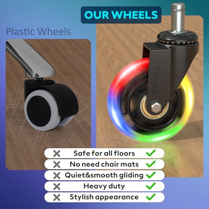 WEWILL RGB Chair Caster Wheels, Self-Lit No Batteries, 3" PU Rubber (5-Pack), Heavy Duty 325kg/715lb, Universal 11x22mm Stem, Quiet for Carpet/Hardwood (Not IKEA) - color: Colorful