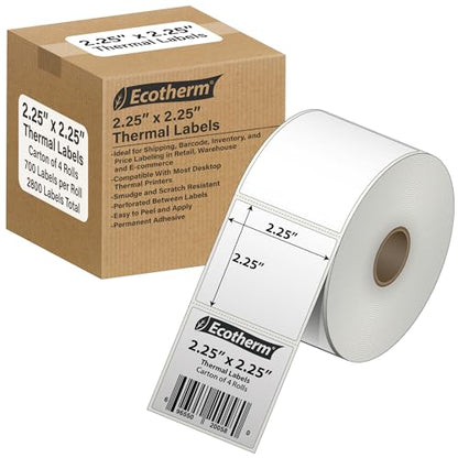 2.25" x 2.25" Thermal Labels | 4 Rolls | 2800 Labels | fits Zebra, Munbyn, Rollo, Godex, Arkscan, iDPRT, Offnova Thermal Label Printers and More | Blank White Adhesive Stickers by Ecotherm - size: 2.25 x 2.25 - 2800 Labels