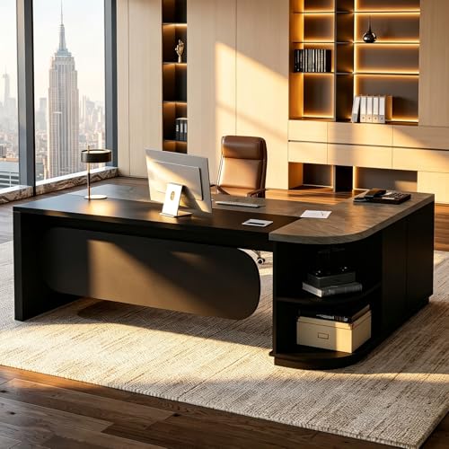 Executive Desk L Shaped Office Desk with Storage Cabinet, Large Wood Table with Drawers, Cable Grommet & Modesty Panel, Modern Home Office Furniture for Manager Workspace, Multiple Sizes - color: Black + Grey Oak - Left, size: 78.7*31.5*29.5in