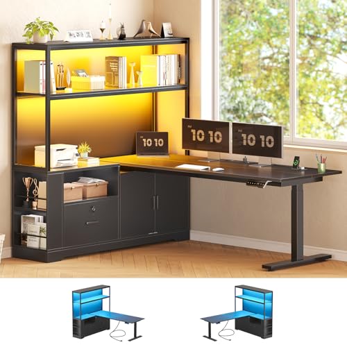 SEDETA 57" L Shaped Standing Desk, Sit Stand Office Desk with Storage Hutch | Black Reversible Stand Up Corner Gaming Desk with Drawer, Shelves, LED Lights & Power Outlet for Work, Writing, Study - color: Black