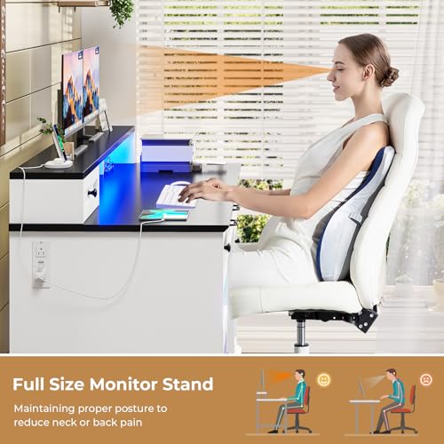 BTHFST 59.1" Executive Desk with File Drawer, Charging Station, White - color: White and Black