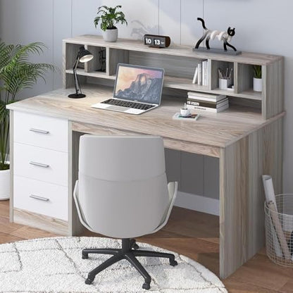 MaverickFurni Home Office Desk with Drawers, 46" Small Desk for Bedroom, Computer Desk with Hutch and Drawers, Study Desk with Storage, White and Walnut - color: White and Walnut