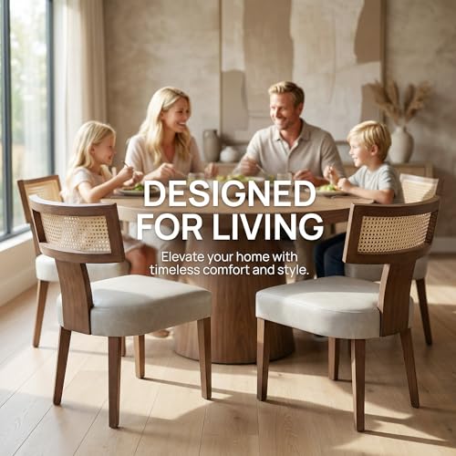 HNY Mid Century Modern Rattan Dining Chairs Set of 2, Farmhouse PU Leather Upholstered Accent Chair Curved Backrest Kitchen Chairs, with Hardwood Frame, Grey - color: Grey Rattan
