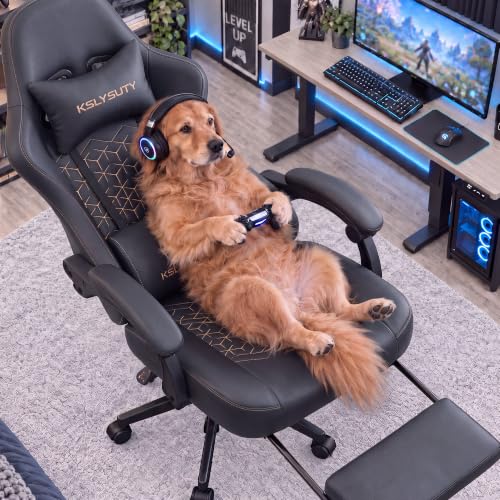 Desk Computer Gaming Chair - Ergonomic Game Office Chair with Extended Footrest and Massage Lumbar Support, Home Gamer Video Game Chairs with Spring Cushion for Adults (Pro Black Leather) - color: Pro Black Leather