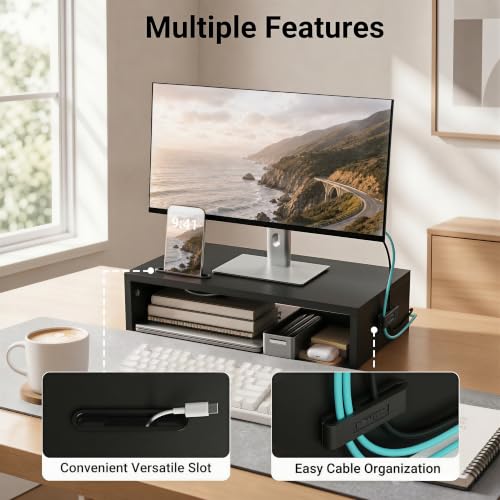 1home Monitor Stand Riser, 16.7 Inch Wood Monitor Riser Stand with Storage Organizer, Desktop Ergonomic Monitor Stand Riser with Cellphone Holder and Cable Management, Black | 16.7 Inch Wood Monitor Riser Stand, Desktop Stand for PC/TV/Laptop/Printer, Bla