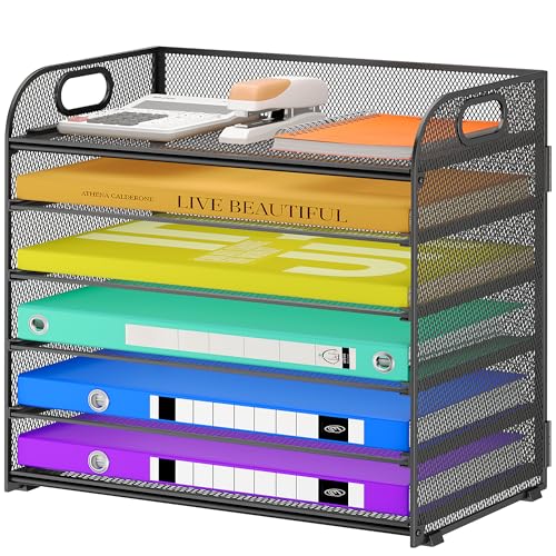 Cawukege 6-Tier Paper Organizer, Letter Tray with Handle, Mesh Desk Organizer, Metal File Organizer, Office Desk Accessories for Home, Office, Classroom, School (1, Black - 6 Tier, 12.6"x9.2"x13.4") - color: Black - 6 Tier
