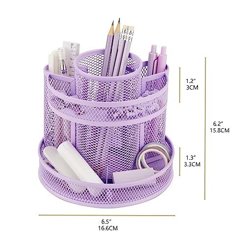 Annova Mesh Desk Organizer Rotate with 5 Compartments Round Spinning Tidy Candy/Pen Holder Desk Accessories Office, Art Supply, Storage, Classroom, Home (Light Purple) - color: Light Purple