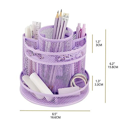Annova Mesh Desk Organizer Rotate with 5 Compartments Round Spinning Tidy Candy/Pen Holder Desk Accessories Office, Art Supply, Storage, Classroom, Home (Light Purple) - color: Light Purple
