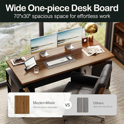 71" Executive Standing Desk with Privacy Panel, Black Walnut | Electric Height Adjustable with One-Piece Desktop, Built-In Power Outlets and Storage, Home Office Executive Workstation