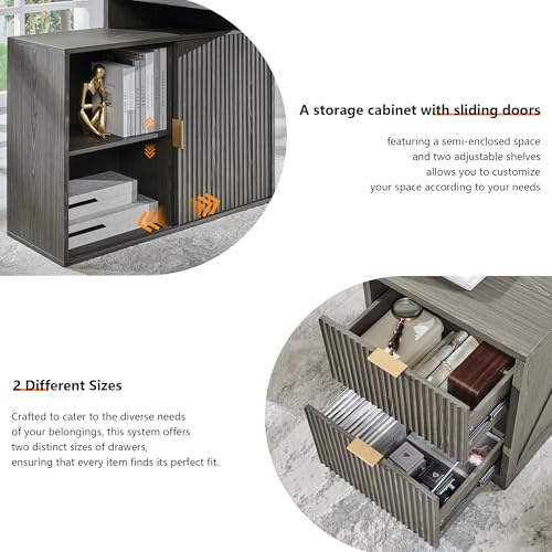 67"Modern Desk with Cabinet & 2 Drawers, Fluted Office Desk Built‑in Outlet - color: Grayish Green, size: 33"D x 67"W x 35.5"H