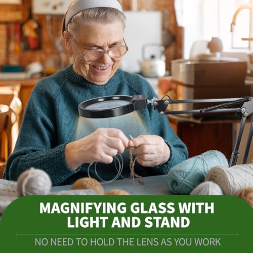 10X/20X Magnifying Glass with Light and Stand, LED Desk Magnifying lamp with Base and Clamp, 3 Color Mode, 10 Dimmable Levels Desktop Magnifier, Crafts Jewelry Sewing Close Work (Black) - color: Black