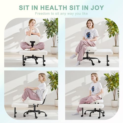 GUNJI Ergonomic Criss Cross Legged Office Chair, 360° Swivel Meditation Kneeling Chair with Wheels, ADHD Chair with Footrest, Lumbar Support, Wider Height Adjustable Seat (White, Faux Leather) - color: White
