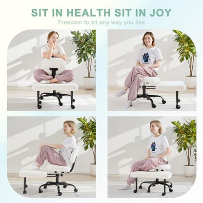 GUNJI Ergonomic Criss Cross Legged Office Chair, 360° Swivel Meditation Kneeling Chair with Wheels, ADHD Chair with Footrest, Lumbar Support, Wider Height Adjustable Seat (White, Faux Leather) - color: White