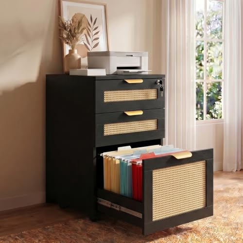 HOPUBUY 3 Drawer File Cabinet with Lock, Small Rattan - color: Black, size: 15.8″Dx15.8″WX25.6″H
