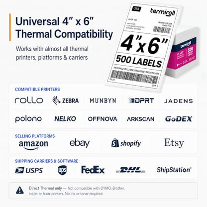 4x6 Thermal Labels 500 Fanfold - Rollo Zebra MUNBYN, Strong Adhesive | 500 fanfold labels, strong adhesive, universal thermal printer compatibility - size: 4x6 - 1 Stack | 500 Labels
