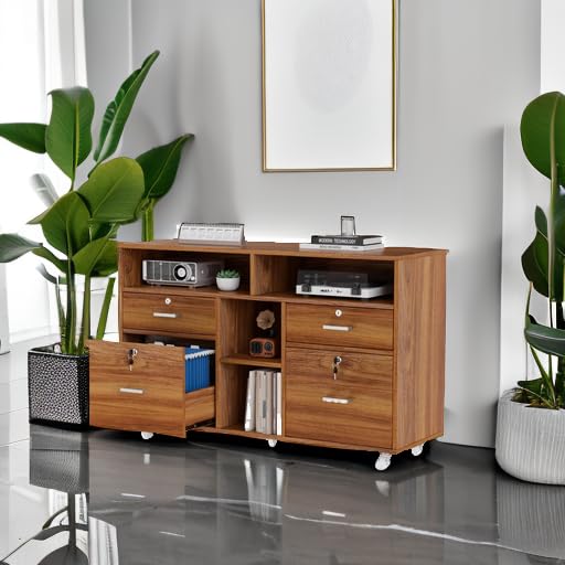 VINGLI Wide 4 Drawer Lockable Rolling File Cabinet with Open Shelves - Walnut Wood Lateral File Cabinet Printer Stand for Home Office, Letter Sized - color: Walnut
