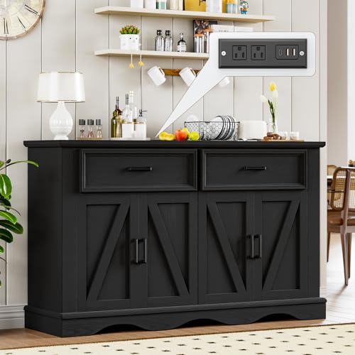 56" Black Modern Farmhouse Sideboard Buffet Cabinet with Charging Station | 4 Doors 2 Drawers, Adjustable Shelves & Soft Close Hinges; Coffee Bar for Kitchen Living Room Entryway; Easy Assembly - color: Black, size: 2 drawers and 4 doors
