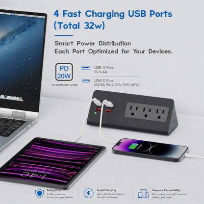 Nightstand Charging Station, Nightstand Edge Power Strip with 3 AC Outlets, 4 Fast Charging USB Ports, Connect 6.56FT Flat Plug, Desk Surge Protector for Office Home Hotel, 2-Pack(Black) - color: 2Pack-Black