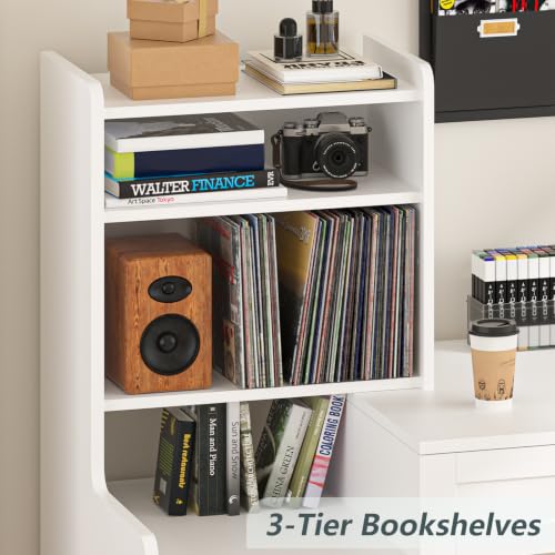 60" White Computer Desk with Drawers & Bookshelves for Bedroom, Home Office - color: White