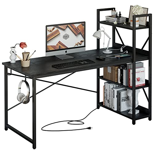 IRONCK Computer Desk 55" with Power Outlet and Storage Shelves, Study Writing Table with USB Ports Charging Station, PC Desk Workstation for Home Office, Black - color: Black, size: 55 inches
