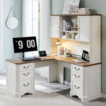 T4TREAM 59" Farmhouse Wood Desk Hutch with Ample Storage, Only Match VSC Series Farmhouse Desk (Antique White) - color: Antique White, size: Hutch Only