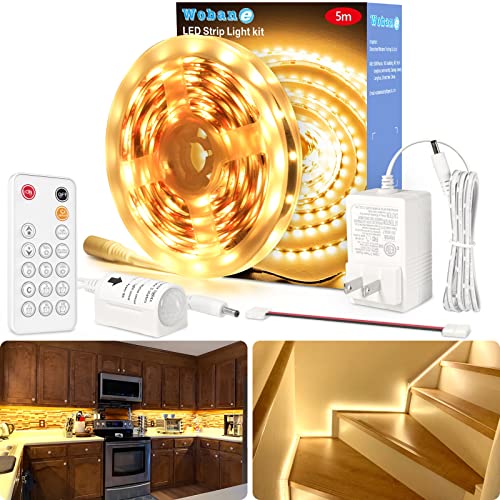 WOBANE 16.4ft Motion Sensor LED Strip with Remote,Warm White Tape Lighting | Dimmable LED Strip Lights for Kitchen, Under Cabinet, Bedroom, Shelf, Bed, PIR Function,Night Light,Adapter,3000K Warm White - color: Warm White, size: 16.4ft Motion Senosr