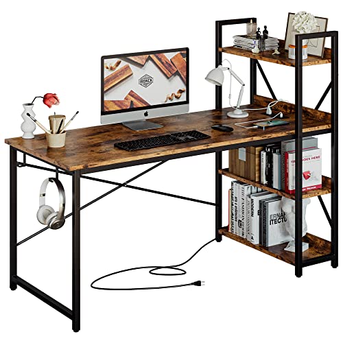 IRONCK Computer Desk 55" with Power Outlet and Storage Shelves,Rustic Brown | Study Writing Table with USB Ports Charging Station, PC Desk Workstation for Home Office - color: Rustic Brown, size: 55 inches
