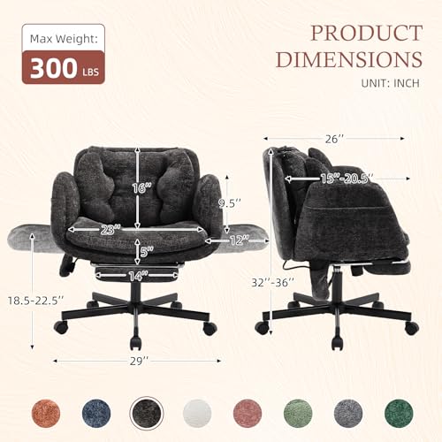 Criss Cross Office Chair with Footrest and 5-Gear Adjustable Arms, Black | Wide seat cross-legged desk chair, flip lumbar pillow, airbag support, chenille fabric, for home office vanity and meditation - color: Black-chenille