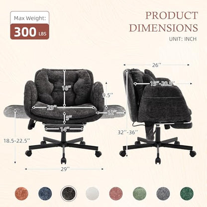 Criss Cross Office Chair with Footrest and 5-Gear Adjustable Arms, Black | Wide seat cross-legged desk chair, flip lumbar pillow, airbag support, chenille fabric, for home office vanity and meditation - color: Black-chenille