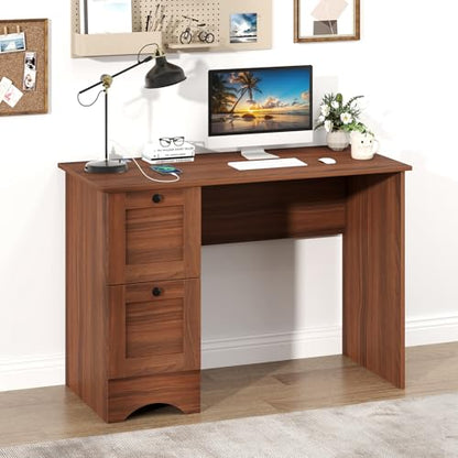GIANTEX Computer Desk with 2 Drawers, 43” Wooden Home Office Desk with Charging Station, Compact Study Writing Desk, Modern Laptop PC Desk Workstation for Bedroom, Living Room (Walnut) - color: Walnut