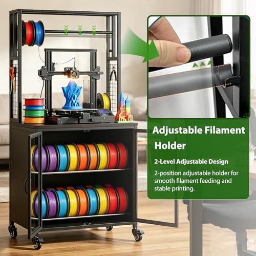 3D Printer Stand with Filament Storage, Heavy Duty 29.5" Printer Table Cart with Cabinet, Dustproof & Moisture-Proof Rolling Stand with 360° Wheels for Workshop, Studio, Office, Black