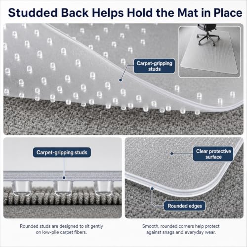 Clear Office Chair Mat 36" x 48" for Low-Pile Carpet | Clear PVC With Anti-Slip Studs, Ideal for Home Offices, Workspaces and Gaming Setups, Smooth Surface Supports Daily Rolling - size: 36" x 48" (for low-pile carpet)