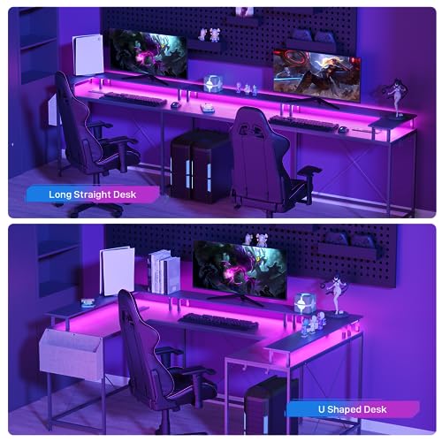 IDEALHOUSE U Shaped Home Office Desk, Reversible L Shaped Gaming Computer Desk with Power Outlets,126 Inch Computer Desk with Monitor Stand and LED Lights,Storage Shelves,Storage Bag and Hooks（Black） - color: Black