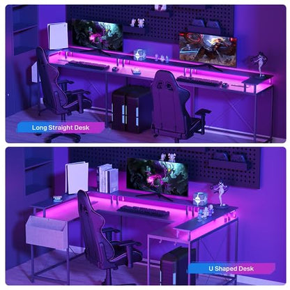 IDEALHOUSE U Shaped Home Office Desk, Reversible L Shaped Gaming Computer Desk with Power Outlets,126 Inch Computer Desk with Monitor Stand and LED Lights,Storage Shelves,Storage Bag and Hooks（Black） - color: Black