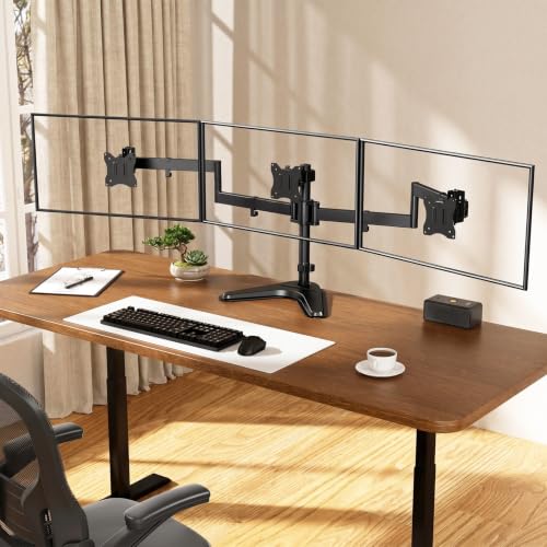 Triple Monitor Stand fits 3 Screens up to 27 Inches, Freestanding | Cable Management, Heavy Duty, Fully Adjustable, Weighted Base, 22 lbs Capacity per Arm, Black